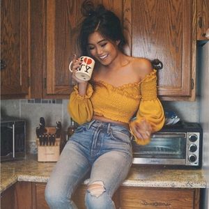 Smock Cross Over Frill Crop Top in Mustard and Red